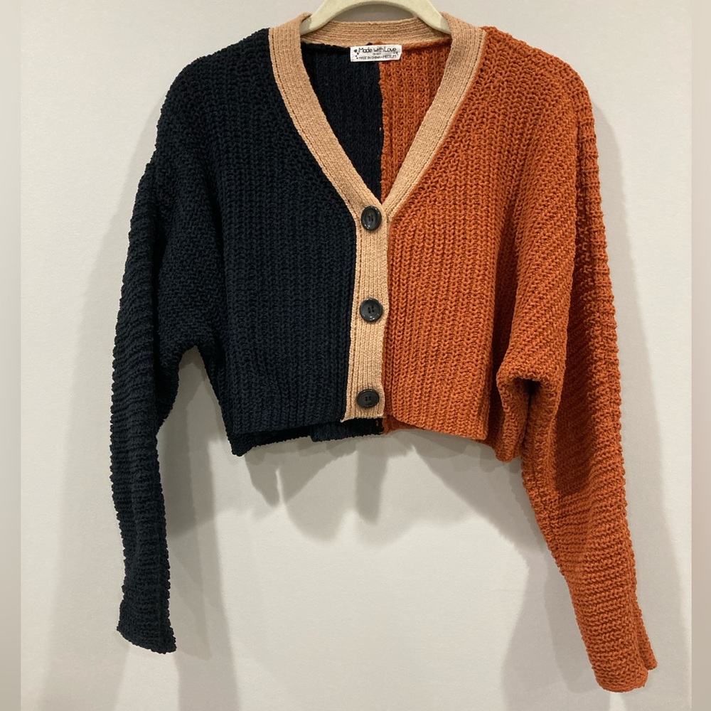 Made with Love Colorblock Cardigan Cropped Sweater Medium Orange and Blue